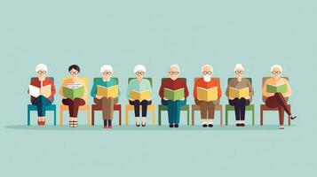 ouderen paar lezing een boek in de leven kamer. vlak ontwerp vector illustratie. generatief ai foto