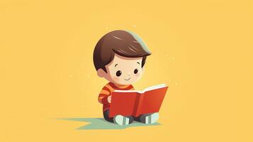 schattig weinig jongen lezing een boek. vector illustratie. generatief ai foto