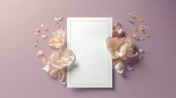 top visie van blanco Wieden kaart mockup met bloemen, Wieden kaart mockup foto