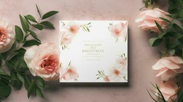 top visie van blanco Wieden kaart mockup met bloemen, Wieden kaart mockup foto