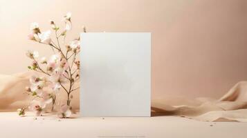 top visie van blanco Wieden kaart mockup met bloemen, Wieden kaart mockup foto