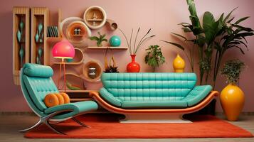 foto van huis meubels in de leven kamer met retro stijl. generatief ai