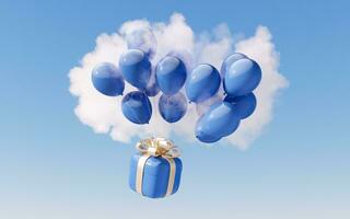 geschenk doos en ballon met wolk achtergrond, 3d weergave. foto