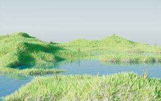 groen grasland met meren, 3d weergave. foto