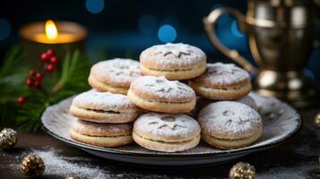 smakelijk eigengemaakt Kerstmis koekjes Aan blauw bord foto