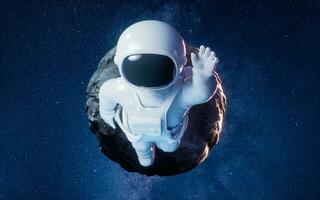 tekenfilm ruimtevaarder met buitenste ruimte achtergrond, 3d weergave. foto
