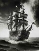 een groot middeleeuws schip het zeilen de oceaan en in zwart en wit illustratie foto