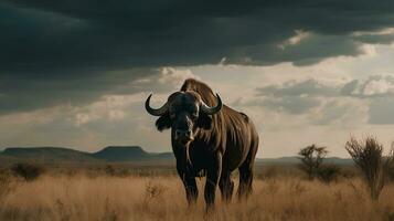 buffel Aan de achtergrond van de Afrikaanse savanne, heet dag, dieren van Afrika. ai generatief foto