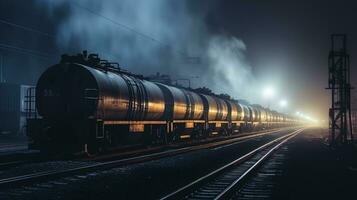 spoorweg wagons tanks met brandstof Aan de rails, nevel en mist, nacht licht van een lantaarn. ai generatief foto