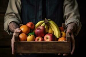 de boer is Holding een houten doos vol van vers vruchten. fruit mand appels, bananen, sinaasappelen. ai generatief foto