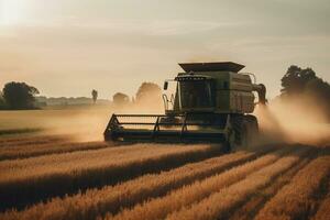 combineren oogstmachine verzamelen tarwe in veld. ai generatief foto