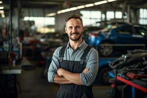 foto van een monteur Mens in een auto reparatie winkel