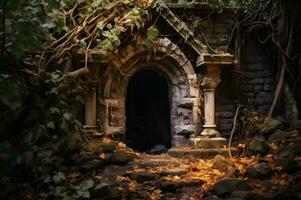 spookachtig oud deuropening Leidt naar verlaten kerker foto