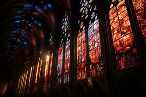 visie van gotisch kathedraal gebrandschilderd glas foto