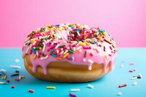 donut met roze suikerglazuur multi gekleurde hagelslag foto