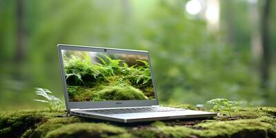 laptop met ecologie concept. opslaan de wereld project. foto