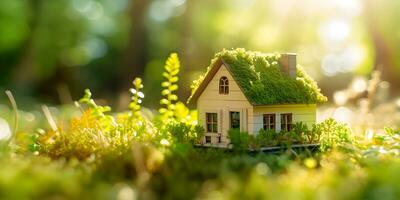 eco huis in groen omgeving. miniture huis Aan gras. foto