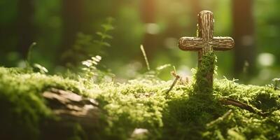 houten kruis Aan mos. kruis Aan gras in zonsopkomst voor kerk achtergrond. generatief ai foto