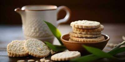 ontbijtgranen crackers en biscuits met ontbijt beker. gezond aan het eten concept. foto