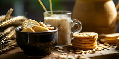 ontbijtgranen crackers en biscuits met ontbijt beker. gezond aan het eten concept. foto