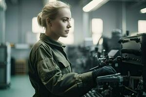 een vrouw in een leger uniform werken Aan een machine ai generatief foto
