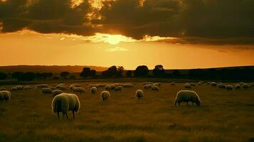 schapen aan het eten en wandelen Aan dijk in zonsondergang ai generatief foto