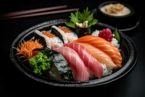 sushi set. broodjes met Zalm, paling en rood kaviaar Aan een houten bord. restaurant. ai generatief foto