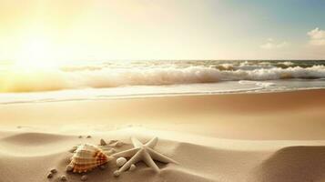 schelpen en zeester gewassen omhoog Aan de strand, strand vakantie gevoel ai generatief foto