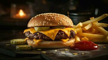 hamburger, cheeseburger, met vlees kotelet, kaas, sla en tomaat, Aan een zwart achtergrond ai generatief foto
