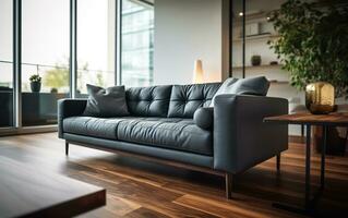 modern leven kamer presentatie van een chique sofa detailopname, strak ontwerp, en hardhout vloeren.ai generatief foto