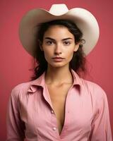 portret van mooi jong vrouw in roze overhemd en cowboy hoed Aan roze achtergrond generatief ai foto