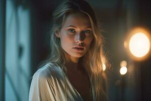portret van een mooi blond vrouw in een donker kamer generatief ai foto