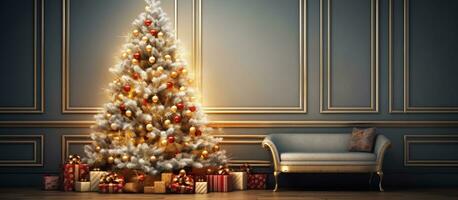 leven kamer met een versierd Kerstmis boom afgebeeld in foto
