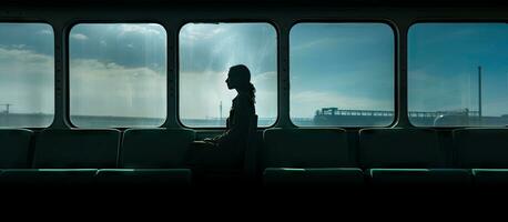 silhouet van een vrouw zittend Aan een trein ingelijst door ramen foto