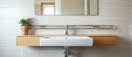 nieuw hedendaags badkamer met wastafel spiegel en handdoek het spoor foto