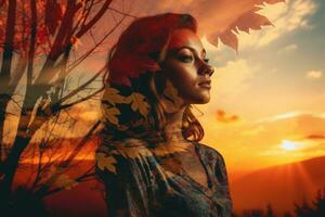dubbele blootstelling foto van een mooi vrouw met herfst bladeren in de achtergrond generatief ai