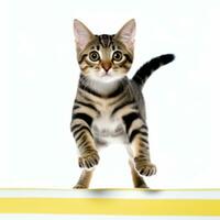 Bengalen kat jumping over- een geel streep Aan een wit achtergrond generatief ai foto