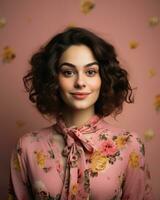 mooi jong vrouw met gekruld haar- vervelend roze bloemen blouse Aan roze achtergrond generatief ai foto