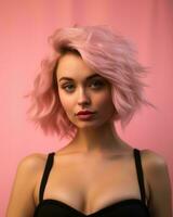 mooi jong vrouw met roze haar- Aan een roze achtergrond generatief ai foto