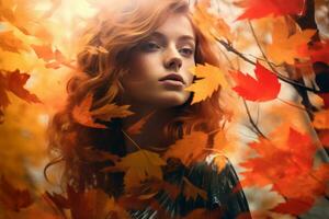 mooi rood haren vrouw met herfst bladeren in haar haar- generatief ai foto