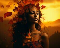 mooi vrouw met herfst bladeren in haar haar- generatief ai foto