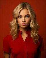 mooi blond vrouw in rood overhemd Aan rood achtergrond generatief ai foto