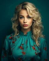 mooi blond vrouw in bloemen blouse Aan blauw achtergrond generatief ai foto