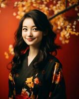 mooi Aziatisch vrouw in kimono Aan rood achtergrond generatief ai foto