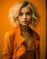 mooi blond vrouw in oranje jurk poseren tegen oranje achtergrond generatief ai foto