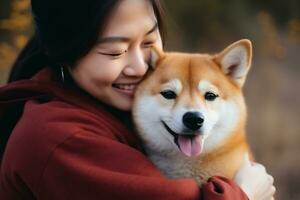 portret van mensen knuffelen shiba inu hond huisdier concept foto