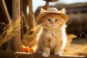 schattig katje in weinig boerderij. katje met grappig kijken foto