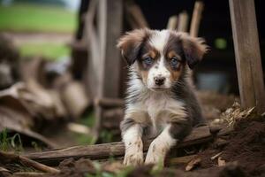 schattig puppy in weinig boerderij. puppy met grappig kijken foto