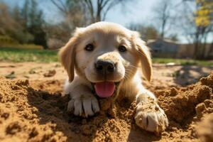 dichtbij omhoog vuil puppy spelen in de tuin. puppy met grappig Look. foto