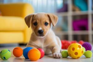 schattig puppy spelen met zijn speelgoed in leven kamer. puppy met grappig Look. foto